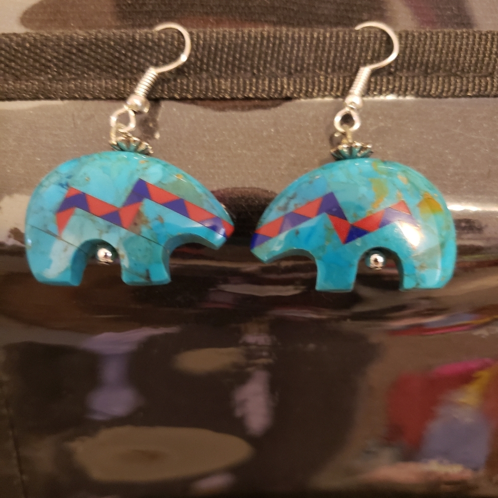 Hand made, turquoise, bear earrings.